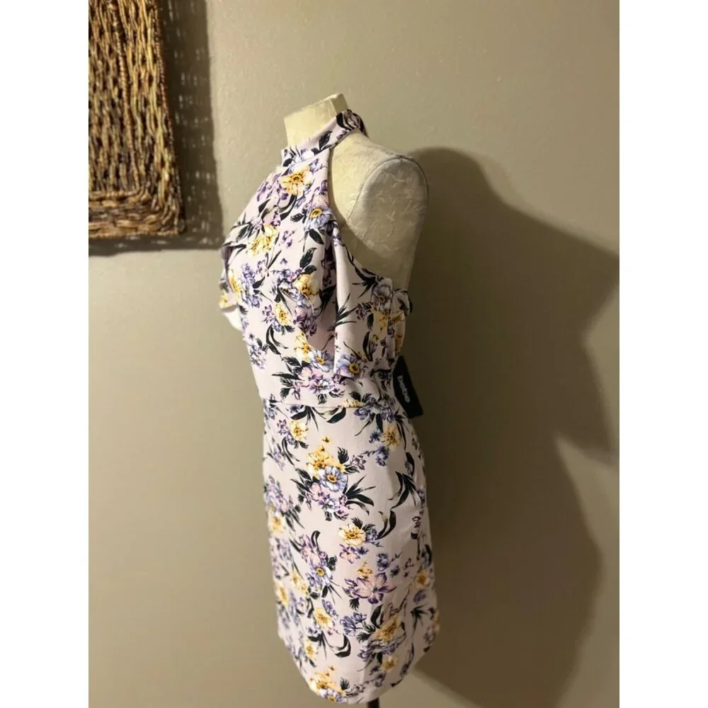 BEBE Dress 10 Lavender Stretch Floral Halter Tie Ruffle Summer Fairy NWT $129